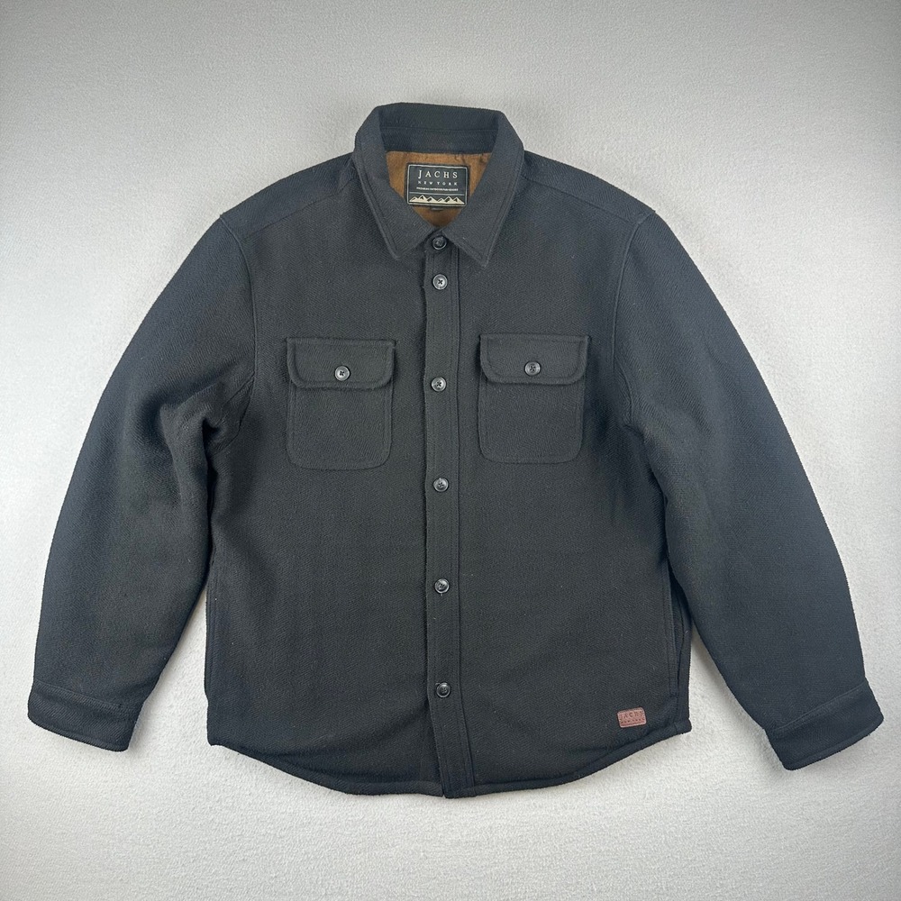 Jachs New York Shirt Jacket Mens L Black Herringbone Faux Fur Lined Wool Blend